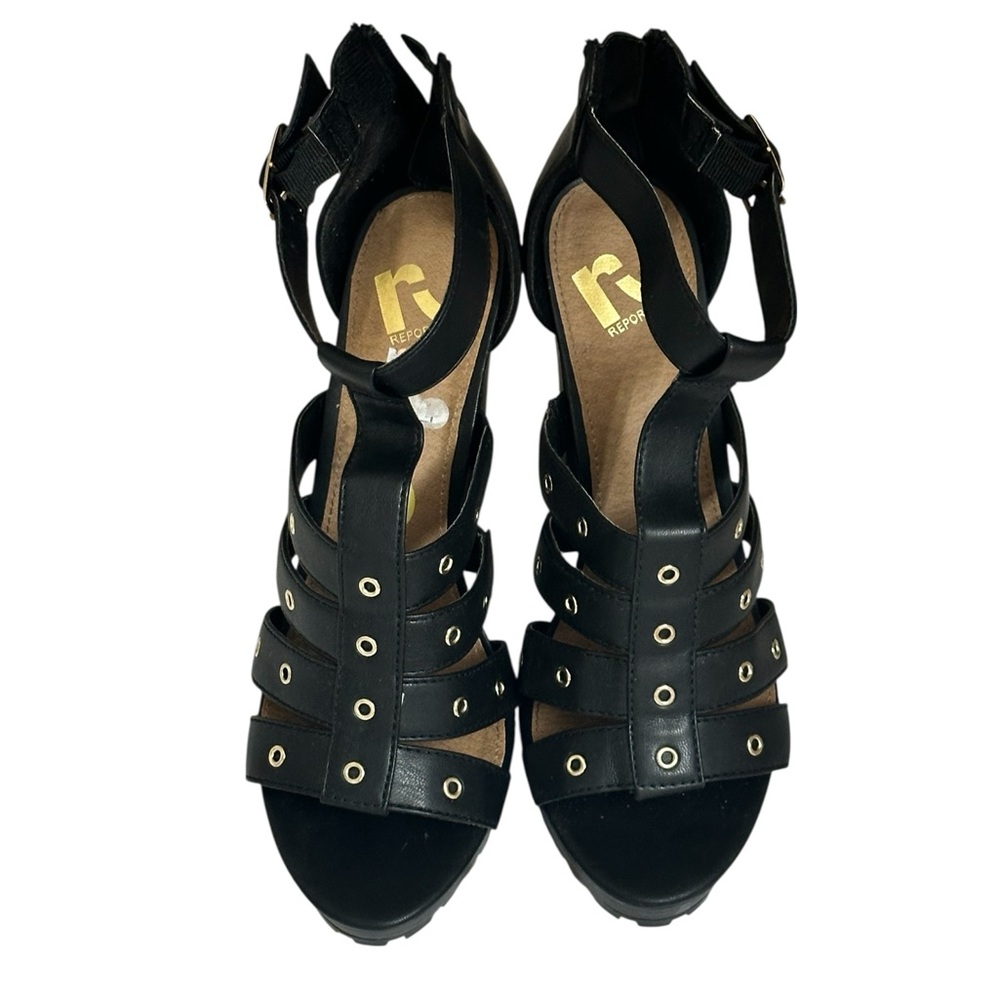 Report Black Strappy Heeled Sandals with Gold Eyelets